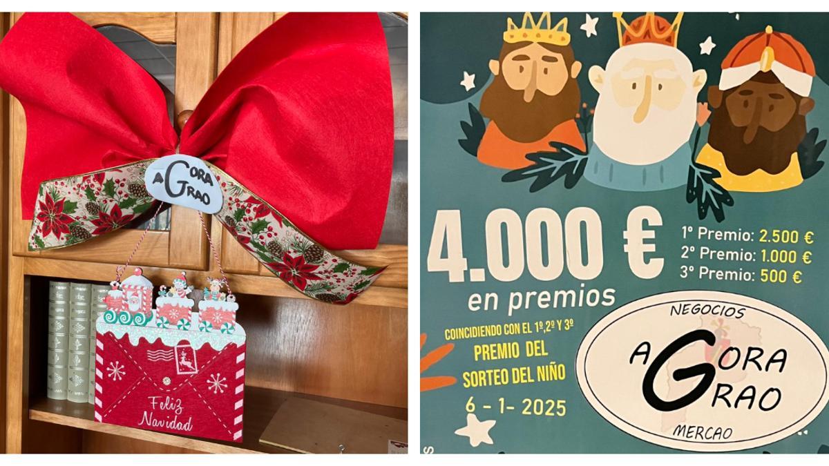 Imágenes de la campaña: un adorno navideño y el cartel sobre el sorteo de Agora Grao.