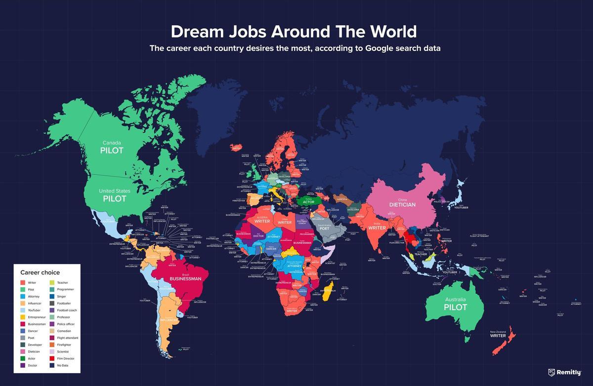 El mapa mundial de trabajos soñados.