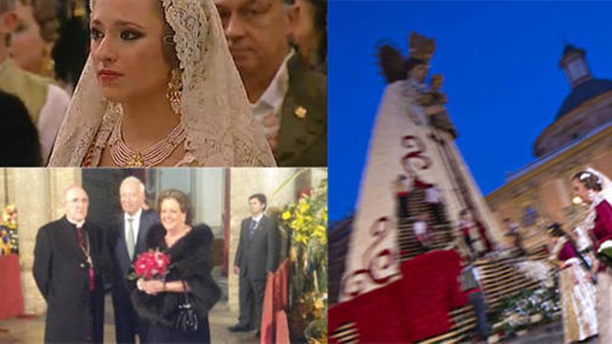 Carmen Sancho, visiblemente emocionada en el acto de la Ofrenda; Osoro, Barberá y García Margallo en la Basílica; una imagen de la ofrenda floral con la mare de Déu al fondo.
