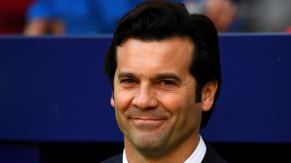 Solari, en el derbi contra el Atlético en el Metropolitano.