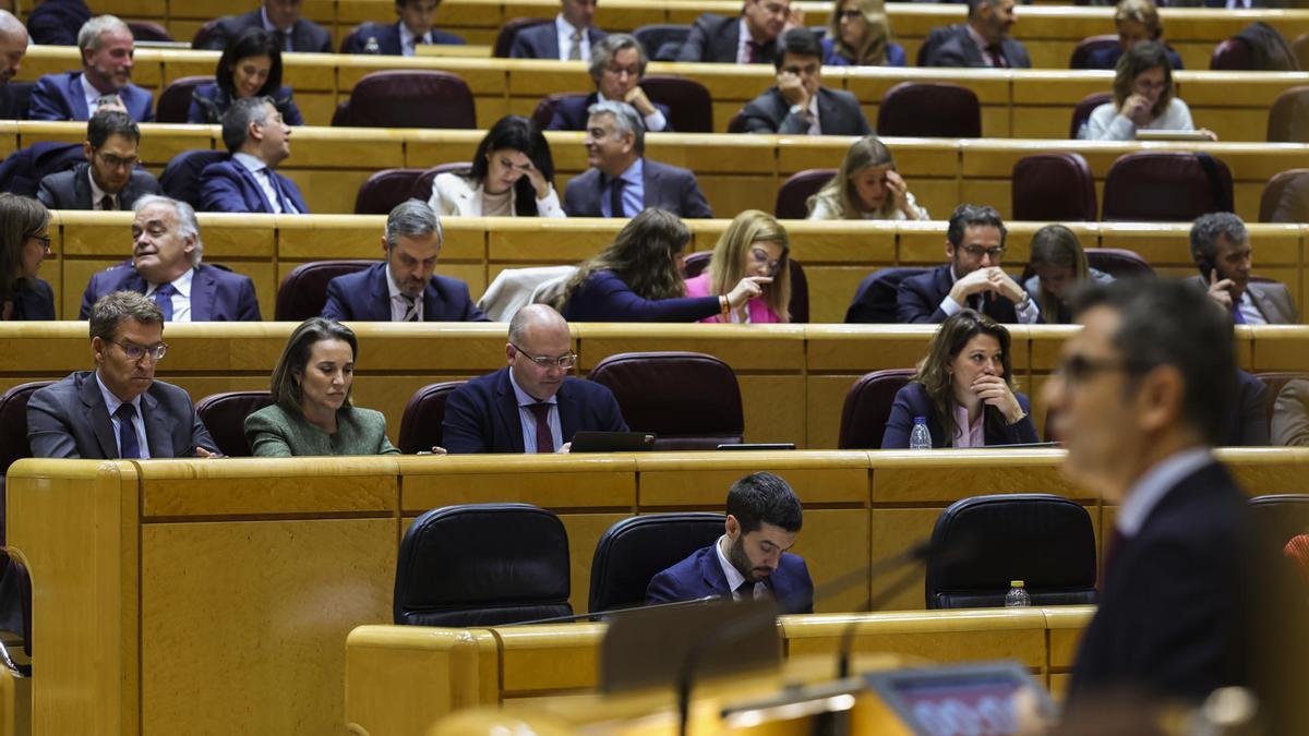 a bancada del PP, vista durante la intervención del ministro de la Presidencia, Justicia y Relaciones con las Cortes, Félix Bolaños (d), durante el pleno del Congreso que debate la toma en consideración de la iniciativa impulsada por el PP y el PSOE para reformar el artículo 49 de la Constitución y eliminar el término &quot;disminuidos&quot;, este martes.