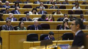 a bancada del PP, vista durante la intervención del ministro de la Presidencia, Justicia y Relaciones con las Cortes, Félix Bolaños (d), durante el pleno del Congreso que debate la toma en consideración de la iniciativa impulsada por el PP y el PSOE para reformar el artículo 49 de la Constitución y eliminar el término disminuidos, este martes.