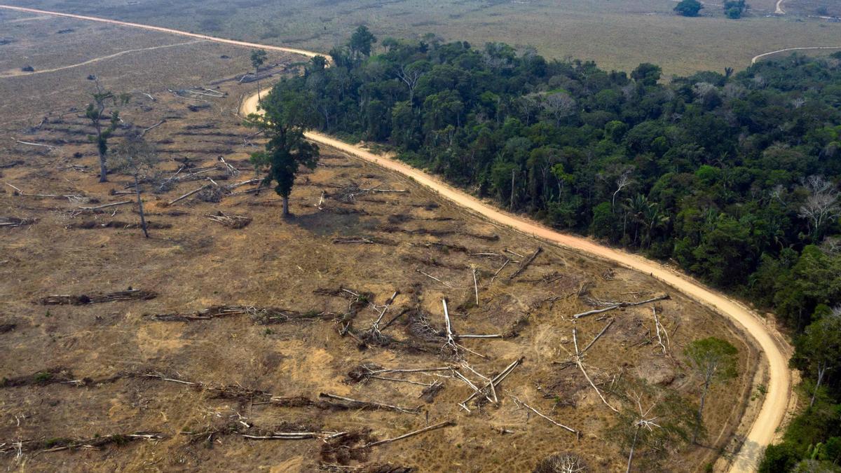 Imagen aérea de zonas quemadas y deforestadas de la Amazonia cerca de Porto Velho, Brasil.