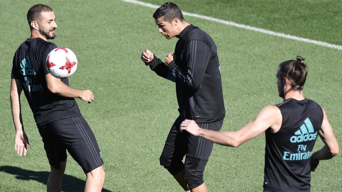 Karim Benzema, Cristiano Ronaldo y Gareth Bale durante un entrenamiento del Real Madrid