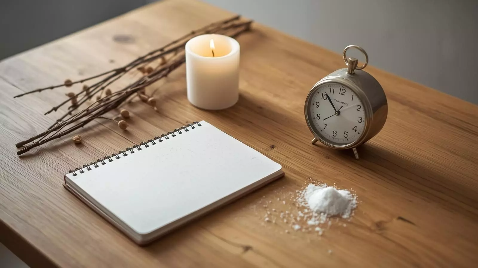  Mesa de preparación con cuaderno y elementos simbólicos para explicar cómo hacer un amarre de amor paso a paso.