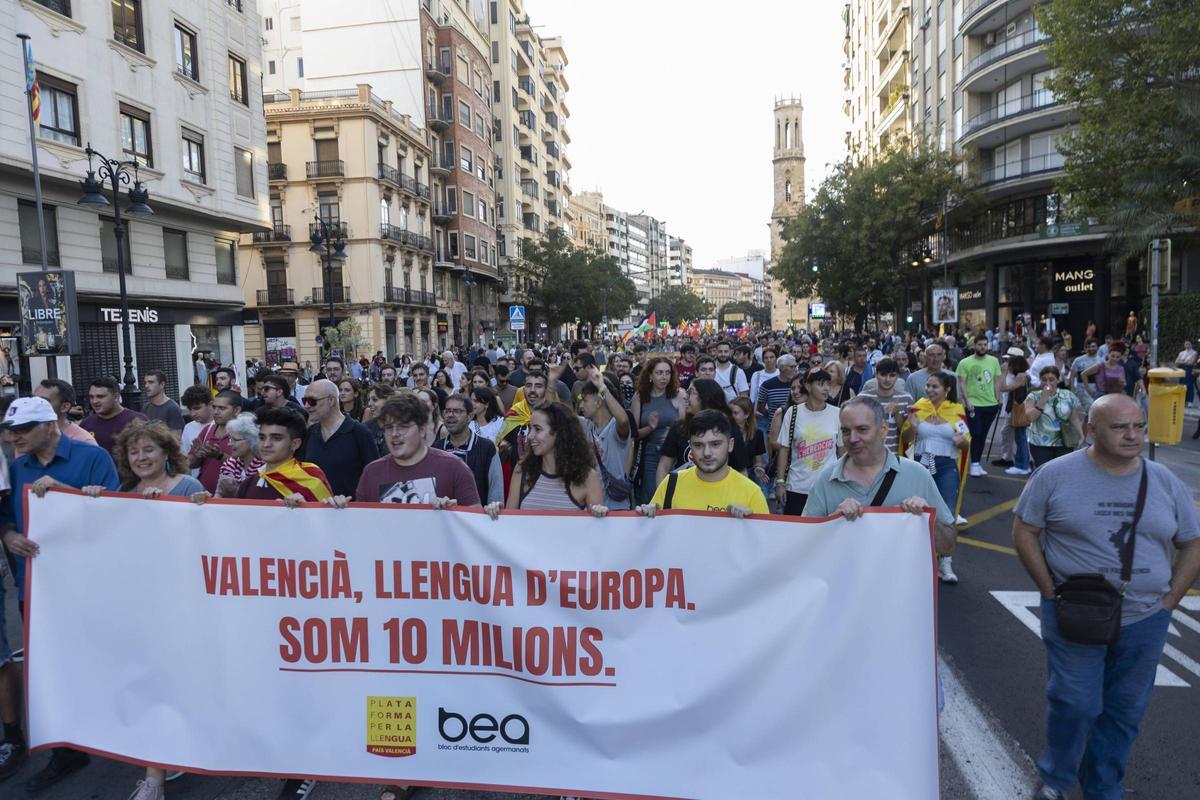 Pancarta en favor del valenciano en la manifestación de este último 9 d'Octubre.