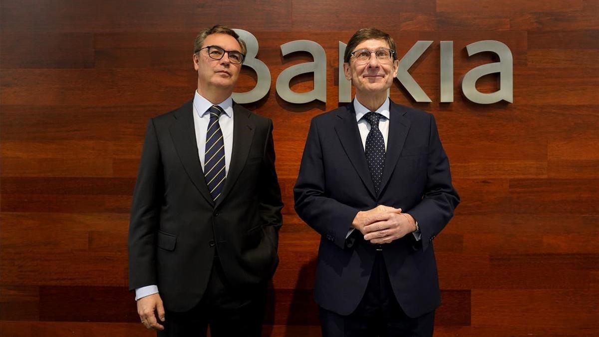 El presidente de Bankia, Jose Ignacio Goirigolzarri y el consejero delegado, Jose Sevilla, durante la presentación de los resultados de la entidad correspondientes al ejercicio 2019