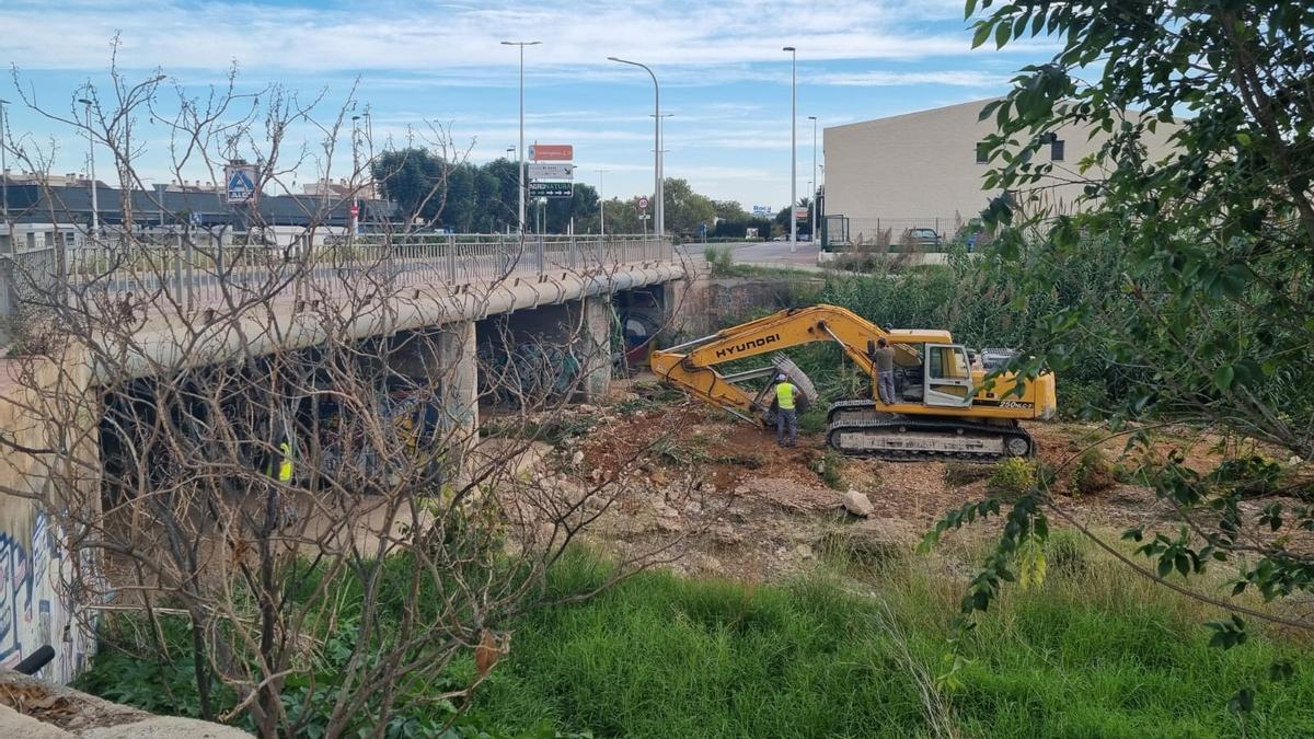 Trabajos de eliminación de cañas en el cauce del río Gorgos en Xàbia