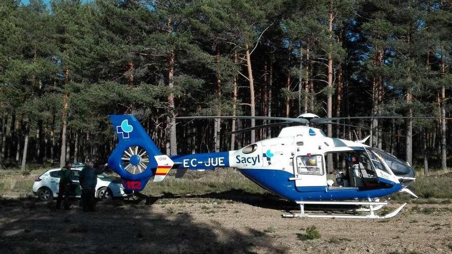 La Guardia Civil y el helicóptero del Sacyl, en un cortafuegos próximo al lugar del accidente.