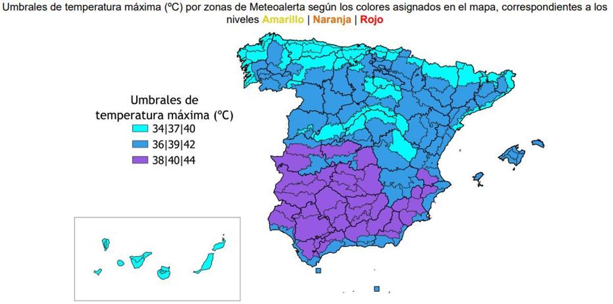 Mapa de umbrales de temperatura máxima por zonas de Meteoalerta