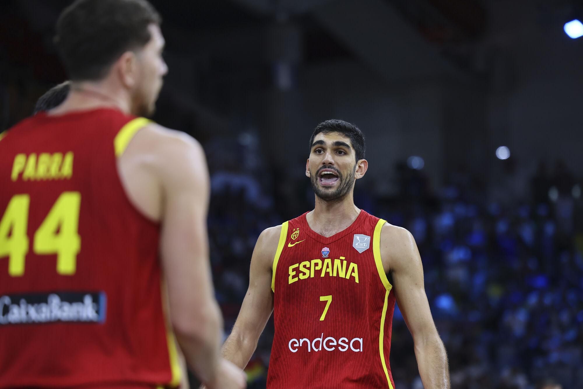 Spain's Santi Aldama reacts during the Eurobasket, European Basketball Championship Group C match between Spain and Italy at Spyros Kyprianou Arena, in Limassol, Cyprus, Tuesday, Sept. 2, 2025. (AP Photo/Chara Savvidou)