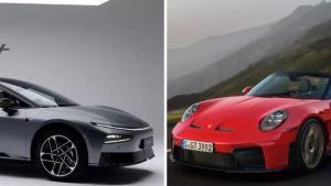 Un coche deportivo Porsche de gasolina junto a un vehículo eléctrico de la marca china XPeng en Europa.