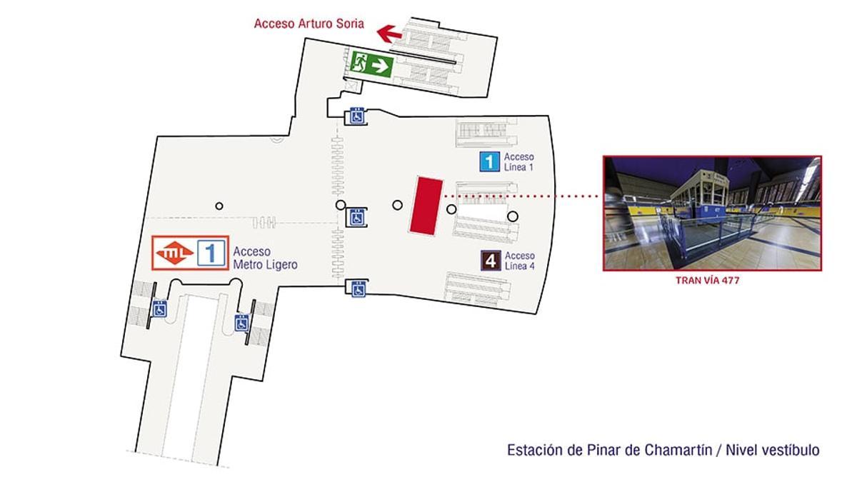 Plano de la localización del tranvía 477 en la estación de metro Pinar de Chamartín
