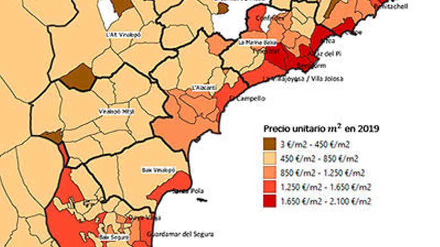 Mapa del precio del m2 en la provincia de Alicante.