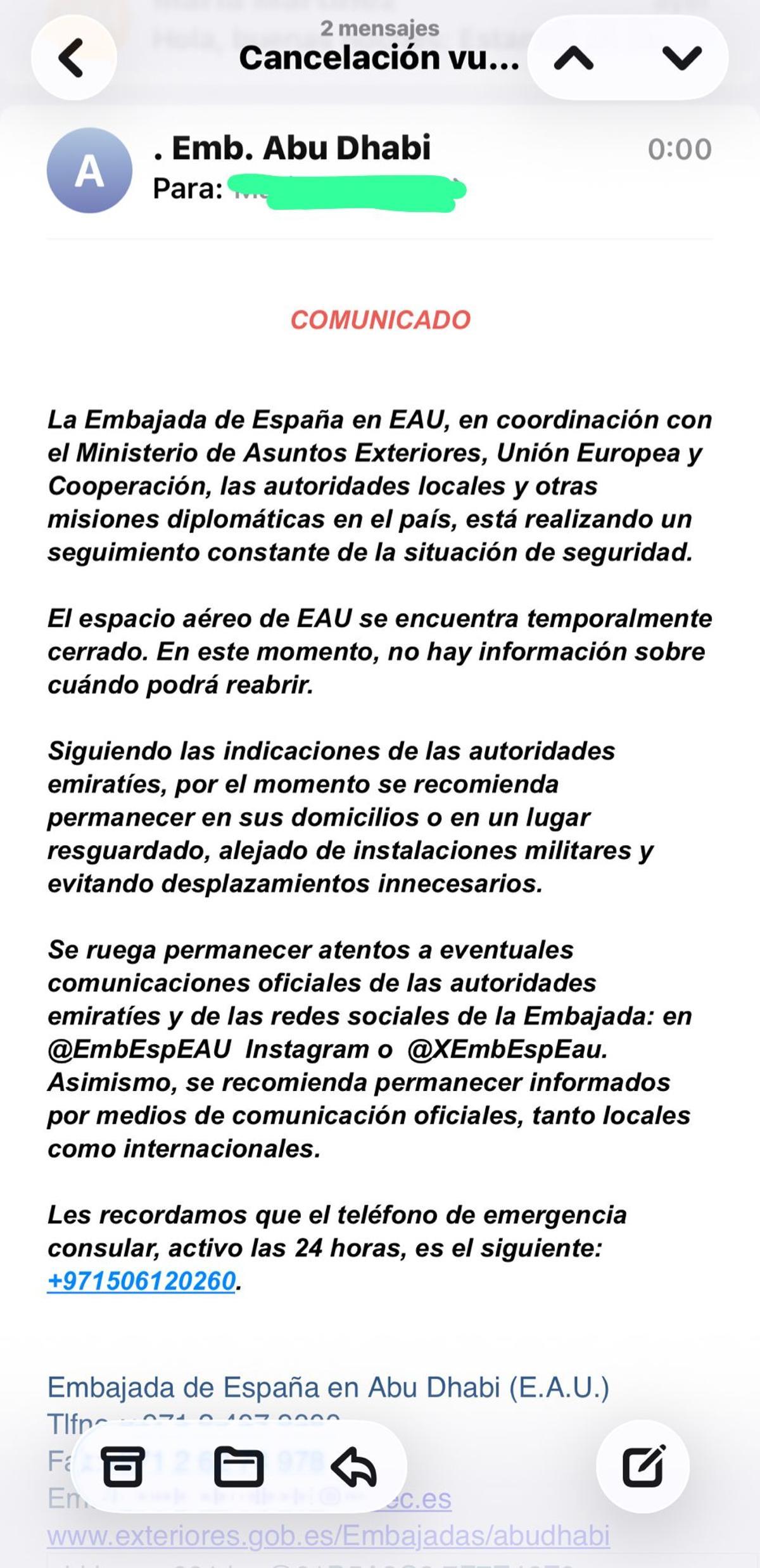 Mensaje automático enviado por la Emabajda de España en EUA.