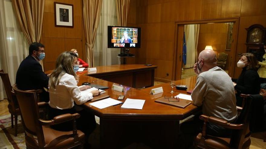 La ministra de Trabajo en una reunión semipresencial con representantes de patronal y sindicatos. /