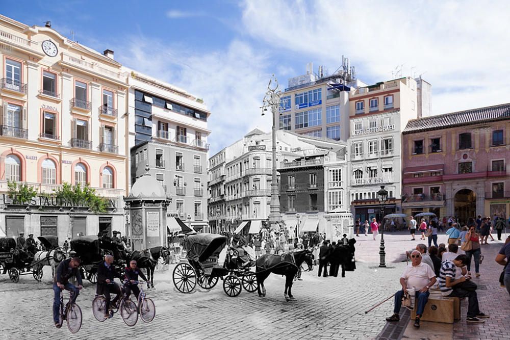 Plaza de la Constitución. Las plantas que crecen en el bajo del edificio del reloj, en la plaza de la Constitución, apenas dejan entrever el cartel del Hotel Restaurant Colón, dignísimo sucesor del Café La Loba, que cerró sus puertas en 1902 (...).