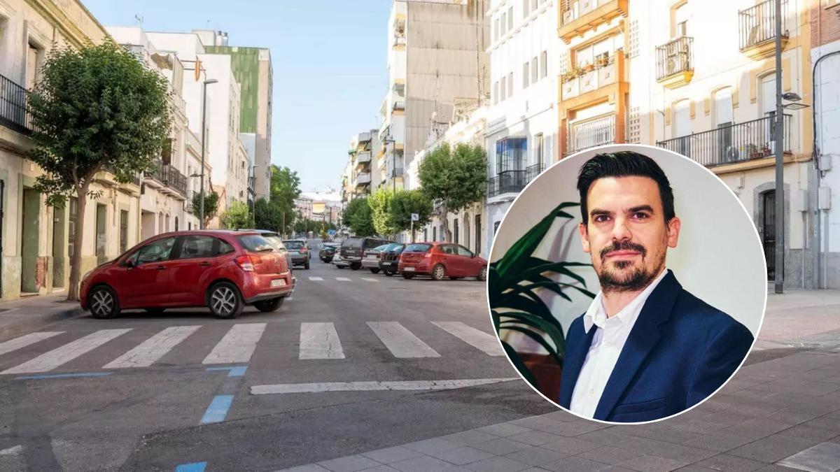 Calle del centro de Mérida con futura plataforma única, en un montaje con Santiago Amaro.