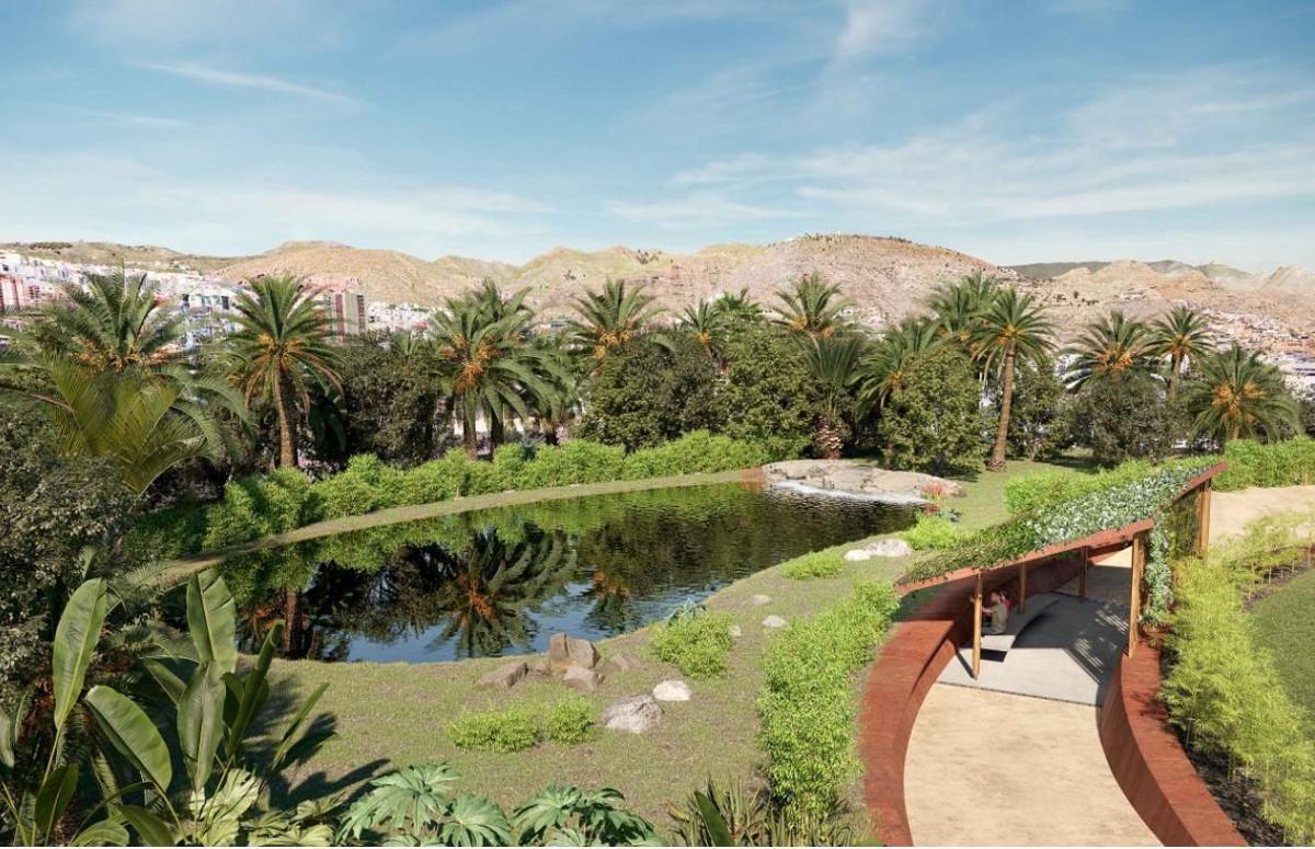 nfografía de la nueva zona que se creará en el Palmétum de Santa Cruz, que incluye una zona de avistamiento de aves y un lago.