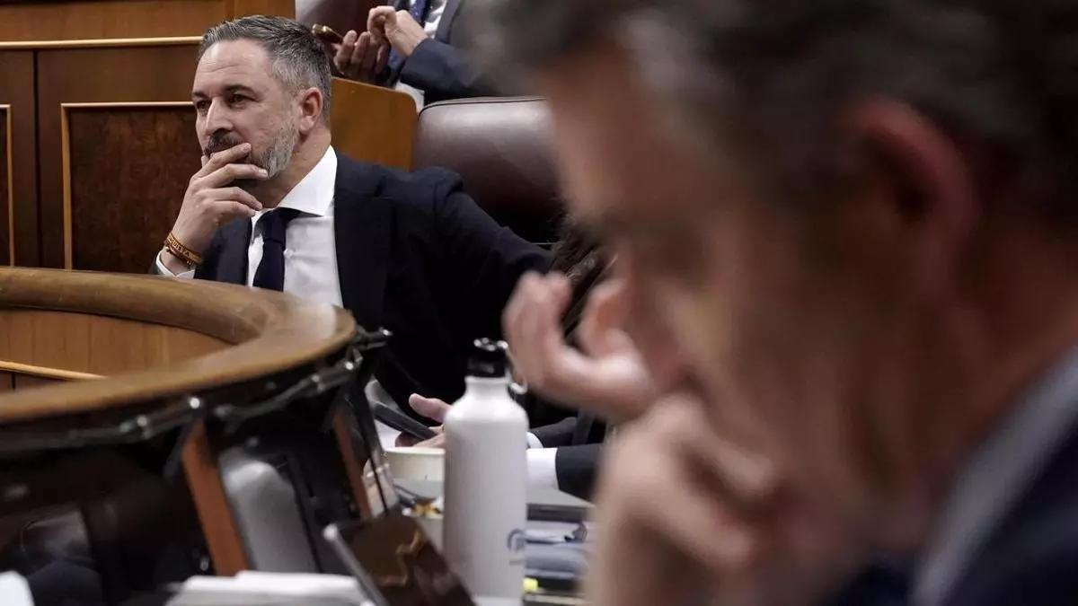 Santiago Abascal, Vox y Alberto Núñez Feijóo, PP. Comparecencia de Pedro Sánchez en el Congreso de los Diputados.