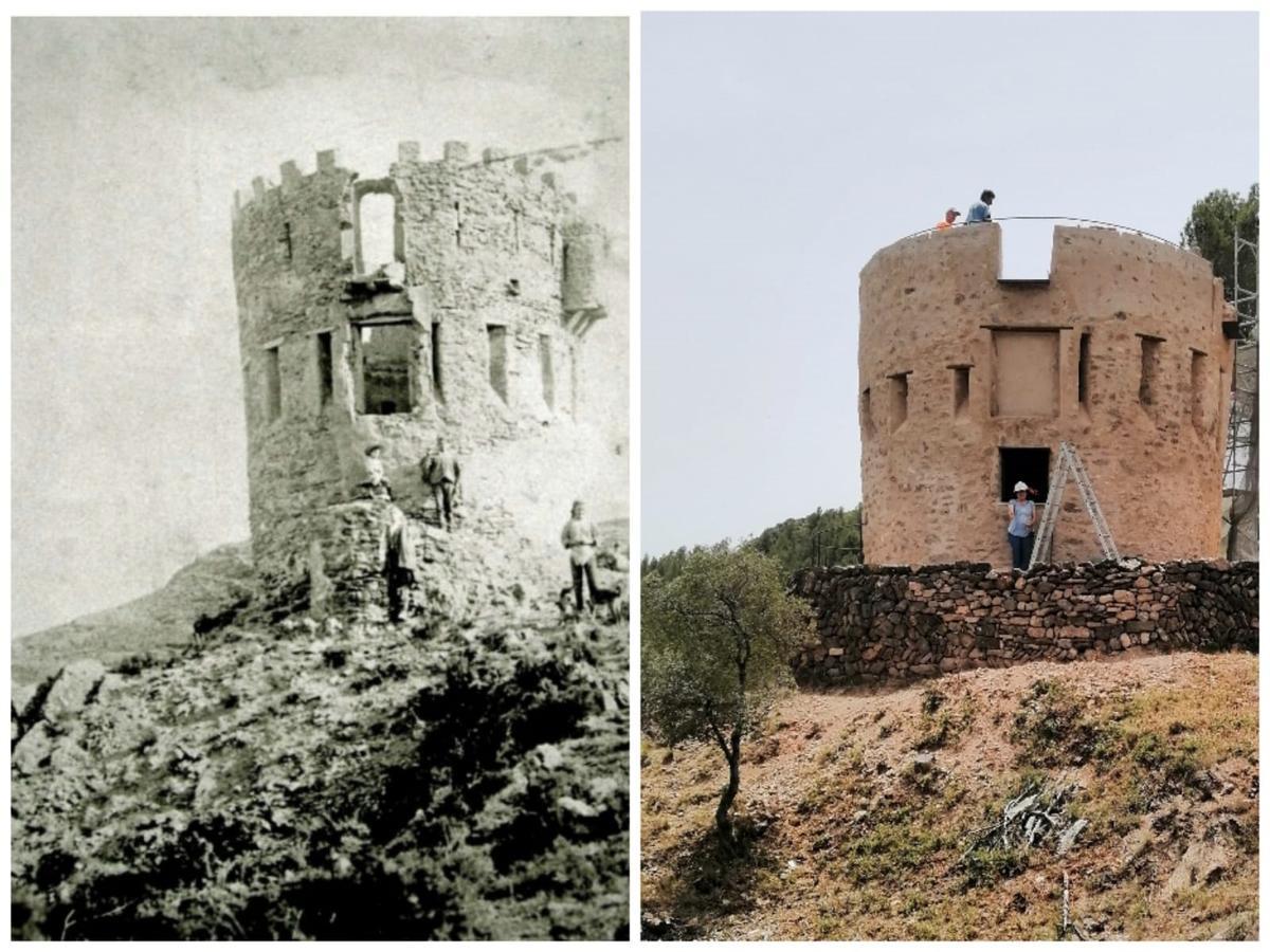 Comparativa del estado de la torre en 1890 (izquierda) y 2024 (derecha).
