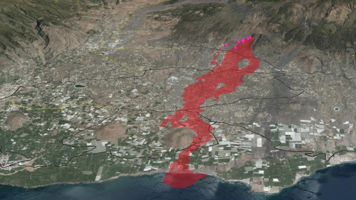 Imagen de satélite de la colada del volcán de La Palma donde se indica la ubicación aproximada de las bocas eruptivas y la estimación de la propia colada.