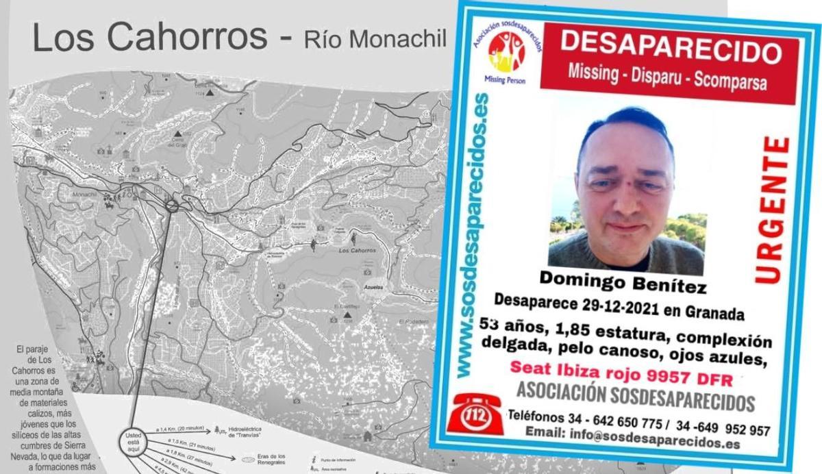 Plano de Los Cahorros (Ayuntamiento de Monachil) y cártel de búsqueda (SOS Desaparecidos).