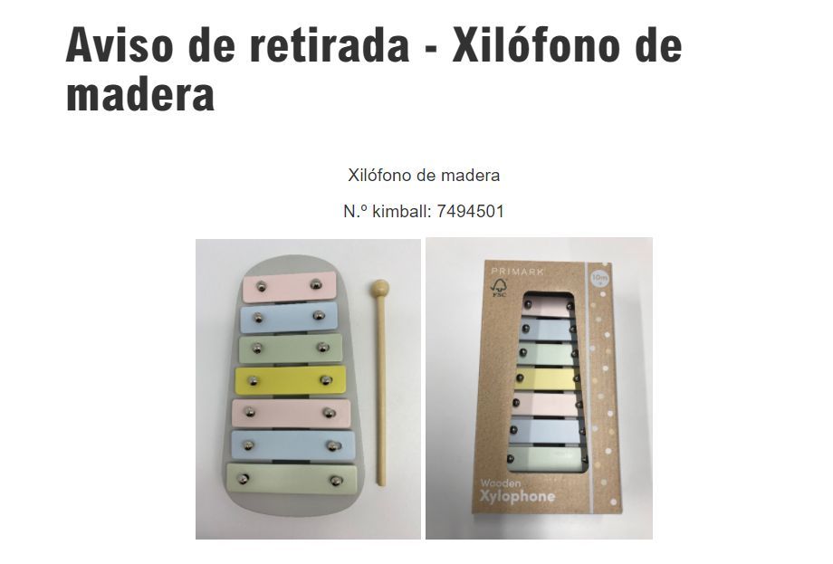 Aviso de retirada de un xilófono de madera de Primark