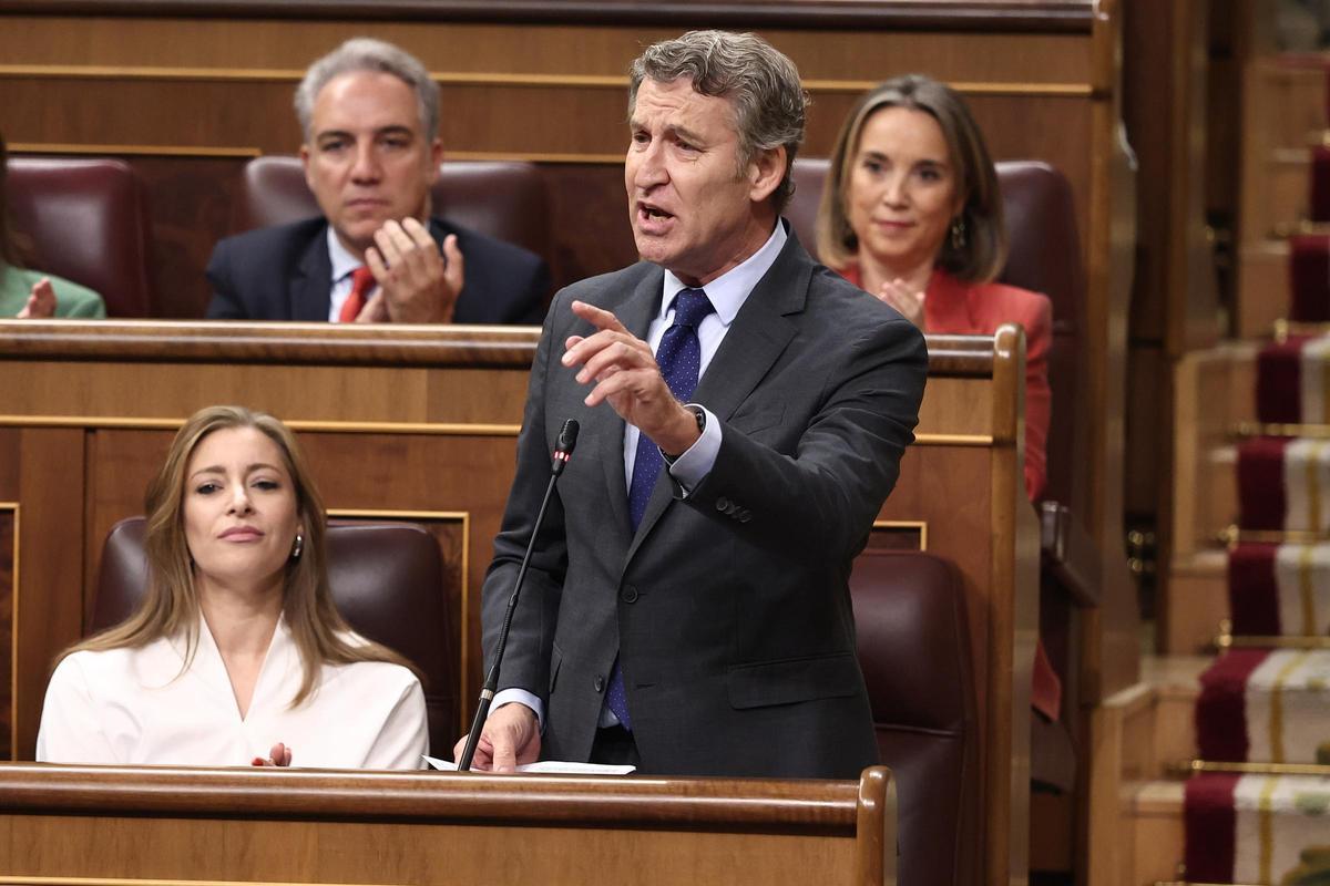 El presidente del Partido Popular, Alberto Núñez Feijóo, interviene durante una sesión de Control al Gobierno, en el Congreso de los Diputados, a 7 de octubre de 2025, en Madrid (España).