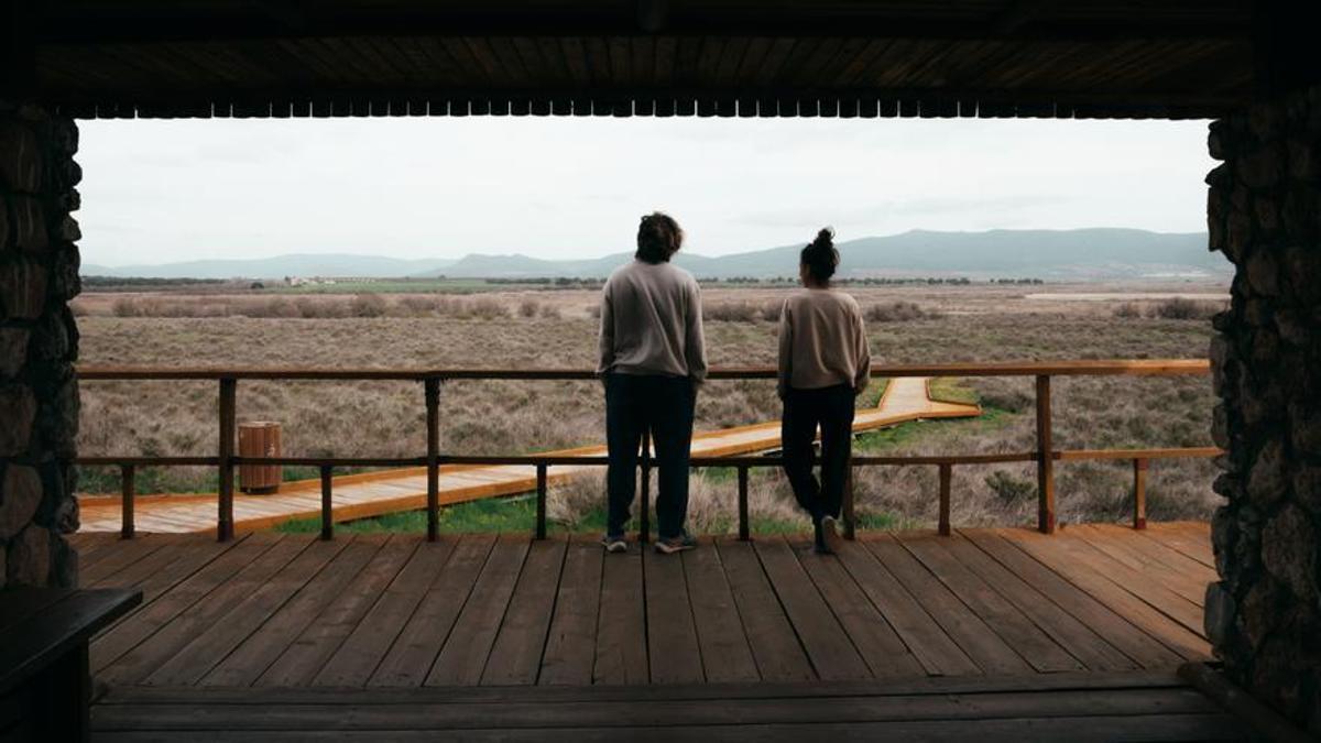 Dos turistas, desde el mirador de la isla de Pan en el Parque Nacional de Las Tablas de Daimiel.