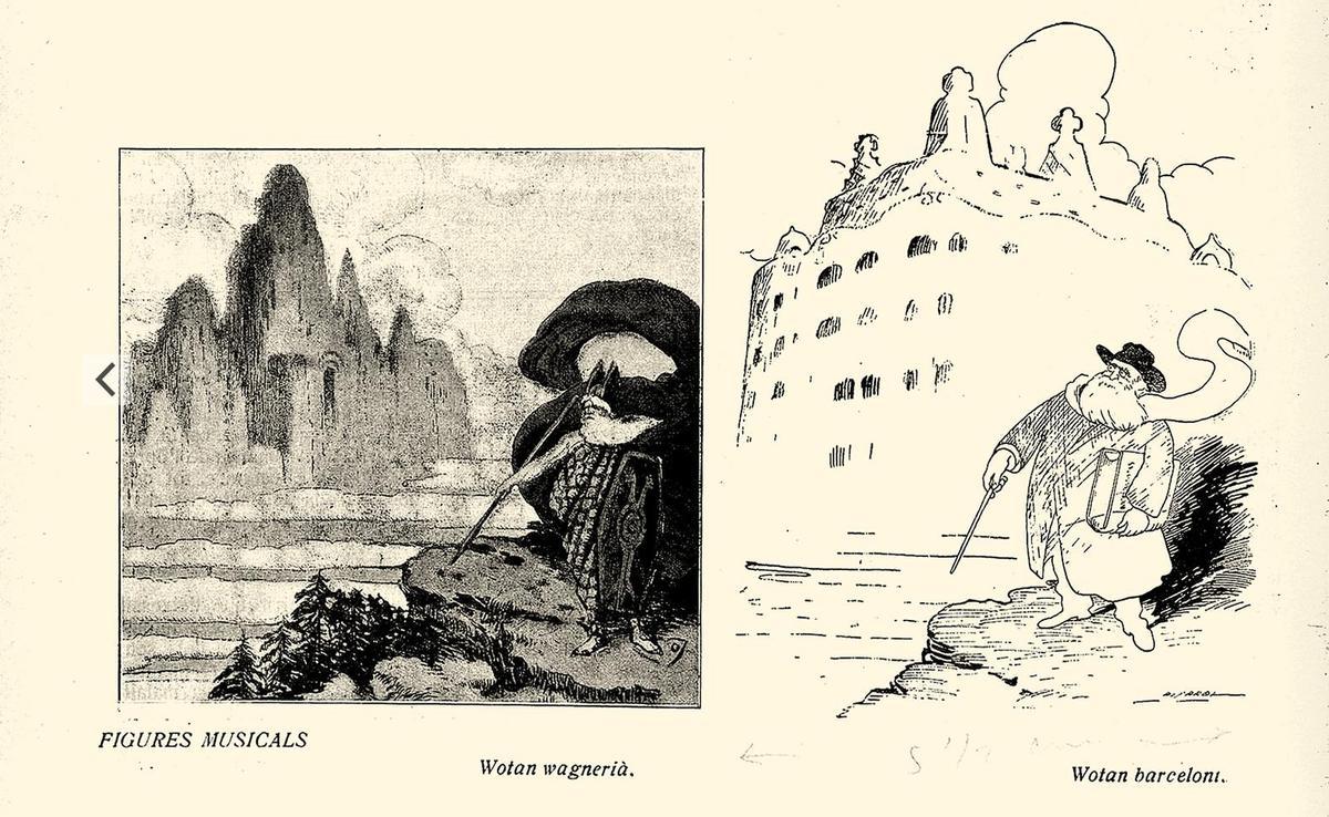 A la derecha, Gaudí hecho un Odín y Casa Milà, una escenografía wagneriana.