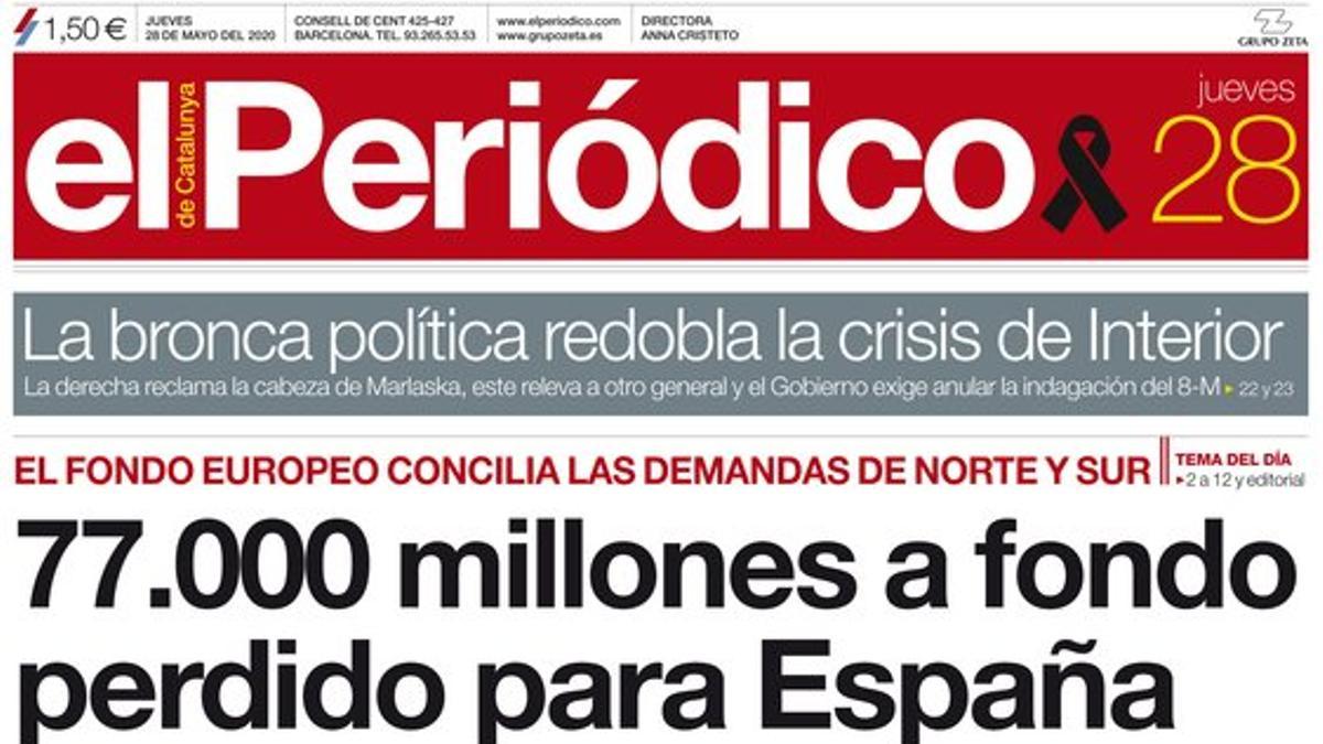 La portada de EL PERIÓDICO del 28 de mayo del 2020