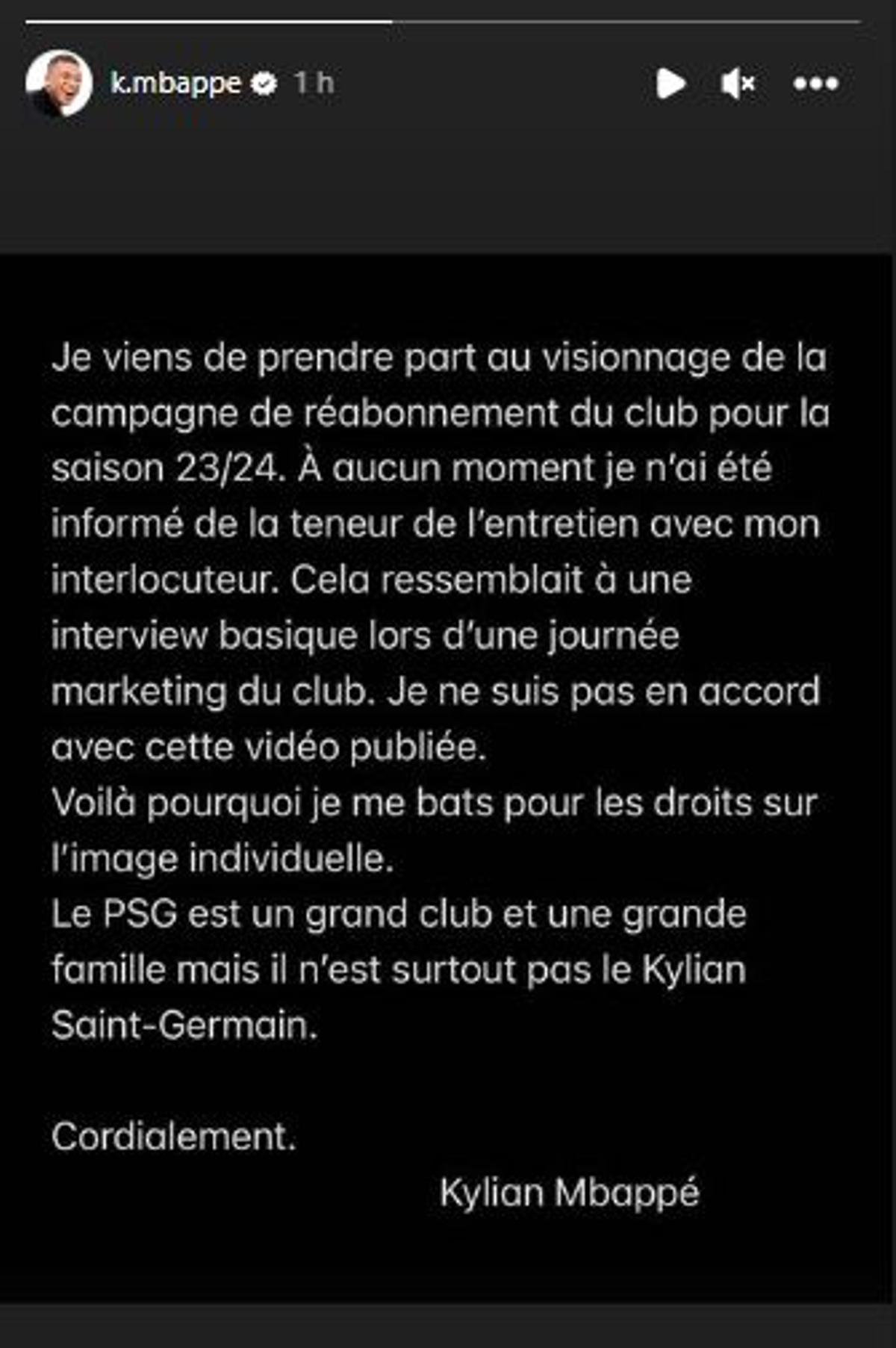 Comunicado de Mbappé en Instagram