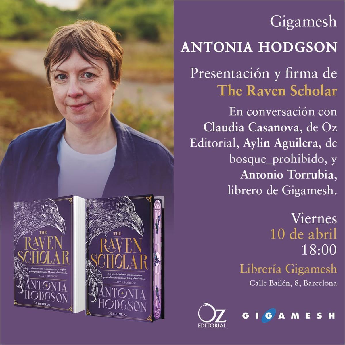 Cartel de la visita de Antonia Hodgson, autora de 'The Raven Scholar', en la librería Gigamesh de Barcelona