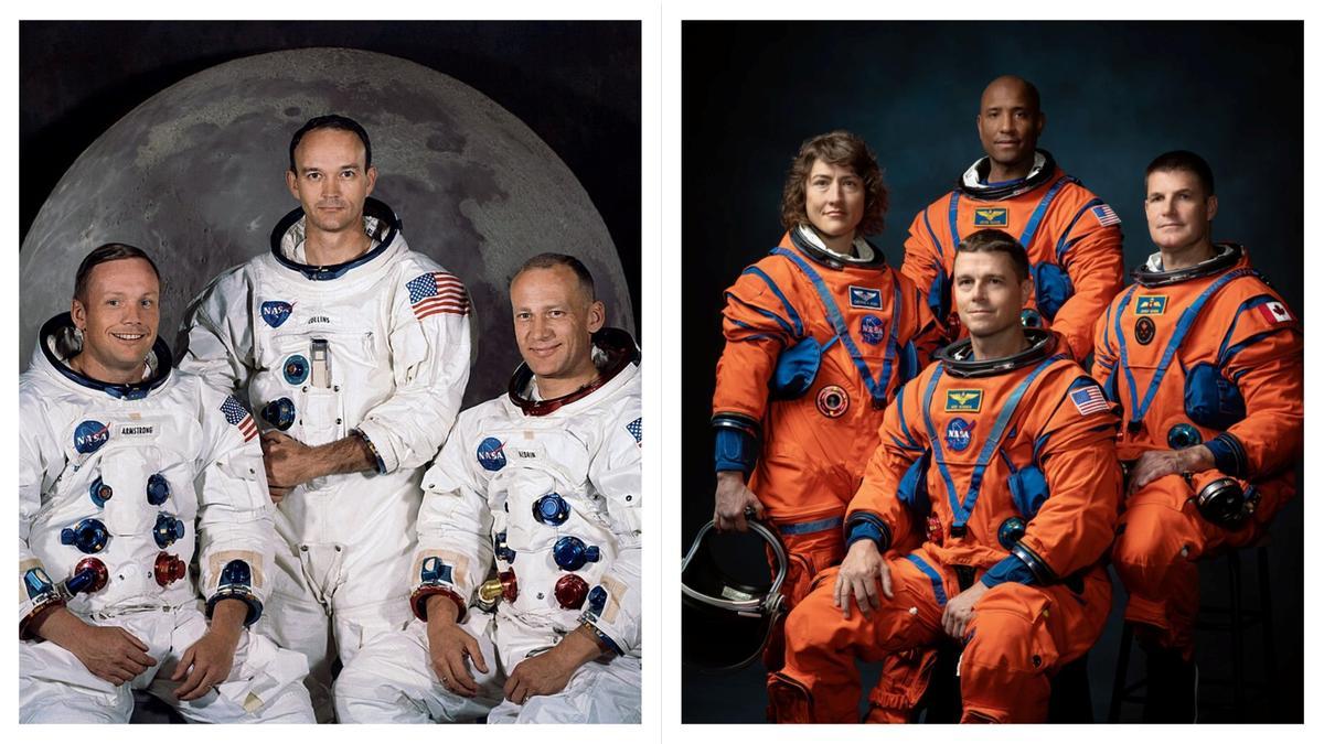 Comparativa entre generaciones de exploración espacial: a la izquierda,  los históricos tripulantes de las misiones Apollo program que protagonizaron los primeros viajes lunares en la década de 1960  a bordo del cohete Saturn V. A la derecha,  el nuevo equipo de astronautas del programa Artemis program, preparado para regresar a la Luna