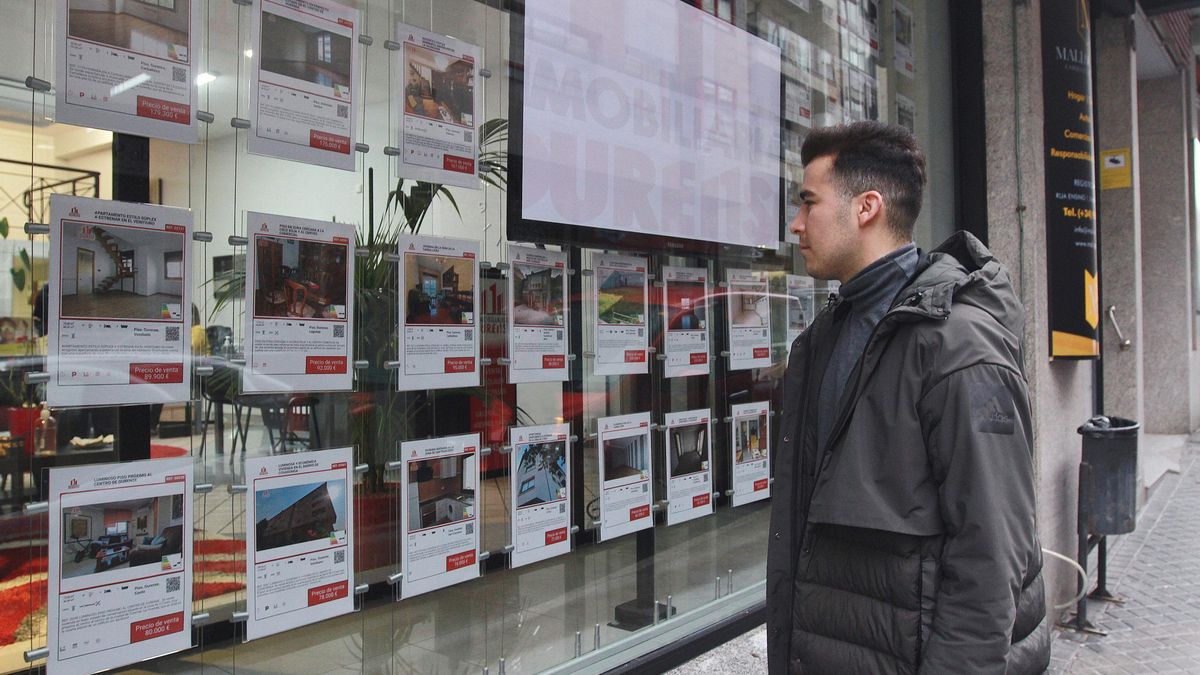 Un joven mira ofertas en una inmobiliaria de Ourense.