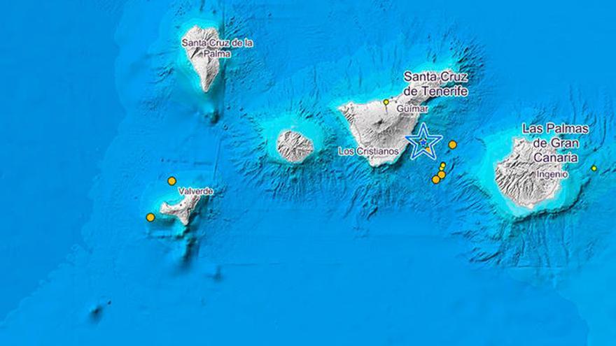Mapa en el que se pueden ver los terremotos registrados en Canarias con anterioridad.