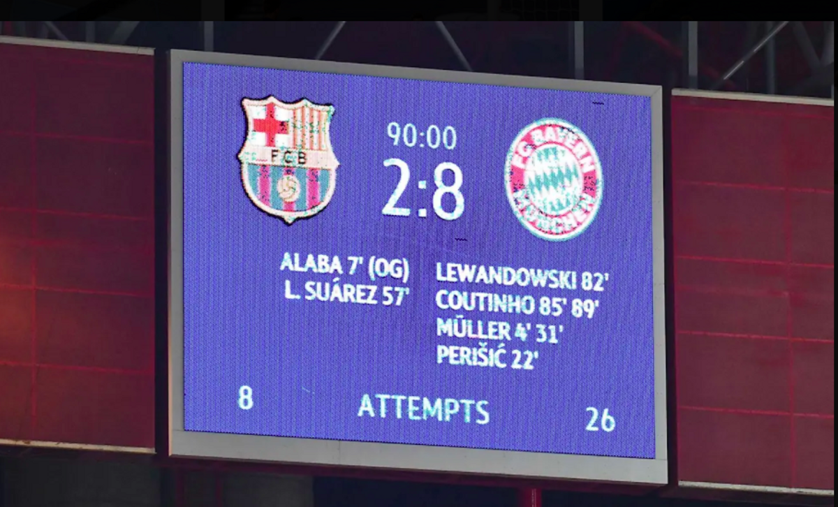 Lisboa, 14-agosto-2020, cuartos de final de la Champions. El marcador del Barça-Bayern de Múnich.