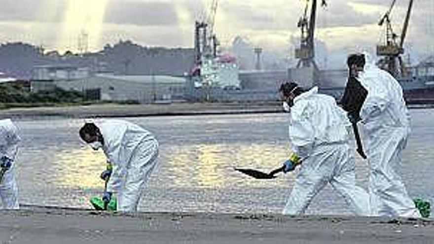 Trabajadores de Tragsa limpian restos del vertido en noviembre de 2007.