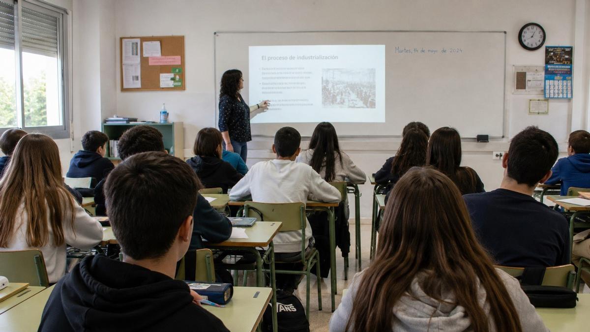 Imagen de alumnos y una profesora dando clase en un aula.