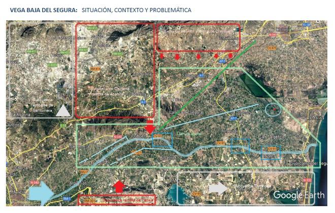 Esquemas de las distintas actuaciones para reducir el riesgo de inundación en la Vega Baja del Segura