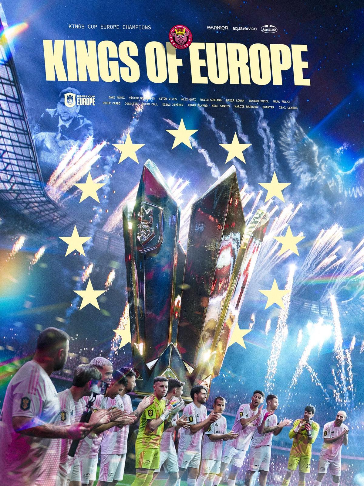 Cartel con la imagen del Porcinos, como reciente campeón de la Kings Cup Europe, en noviembre del 2025.