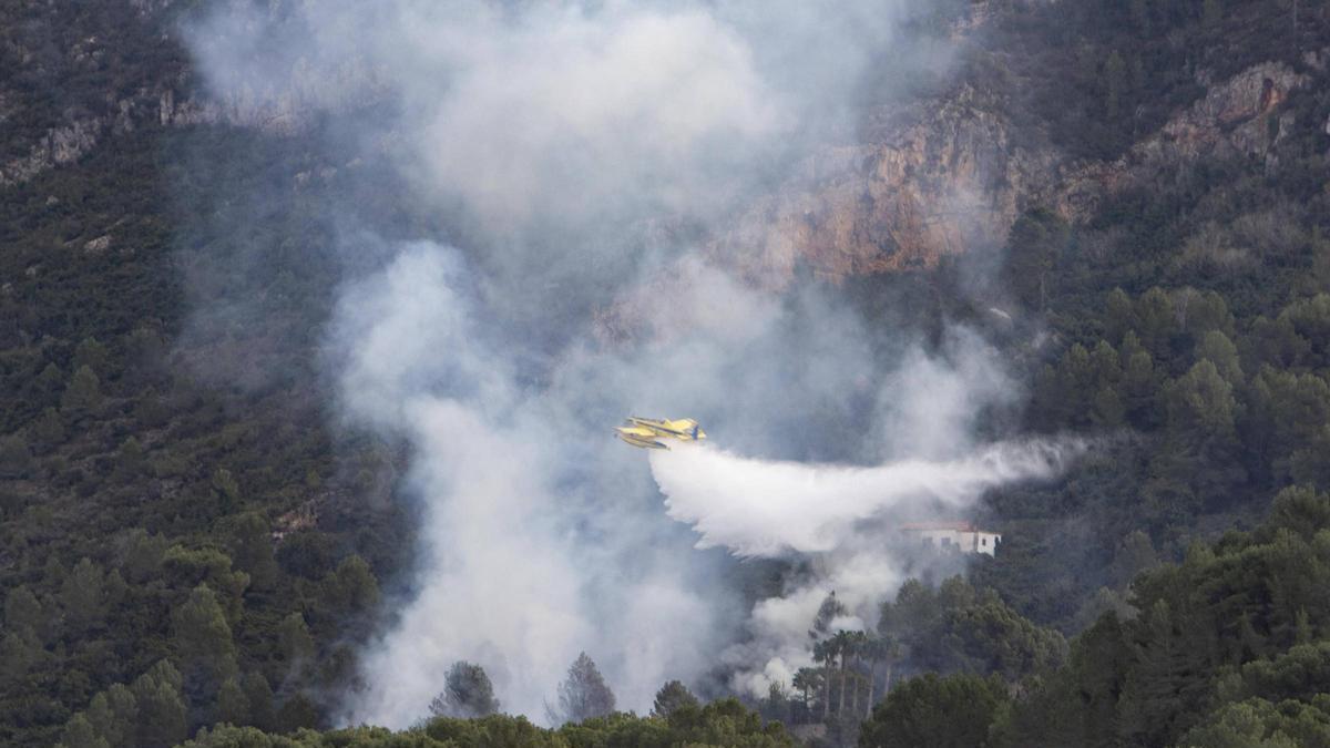 Una avioneta realiza una descarga en el incendio del pasado enero en l'Eixavegó.