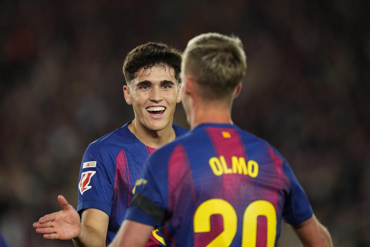 FC Barcelona's Pau Cubarsi (L) and Dani Olmo react during a Spanish LaLiga EA Sports soccer match between FC Barcelona and Real Madrid at Camp Nou stadium in Barcelona, Spain, 10 May 2026. EFE/ Siu Wu