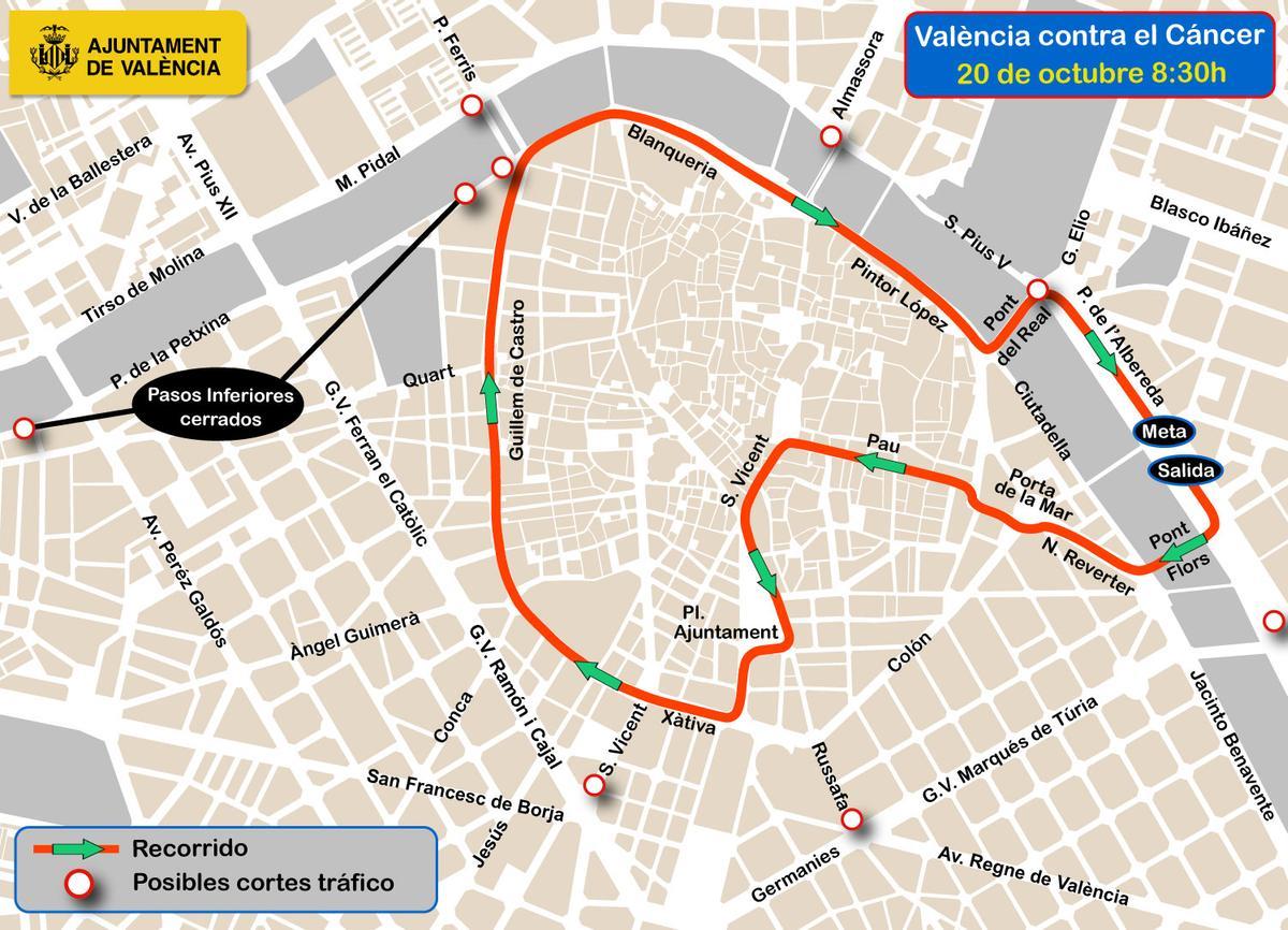 Recorrido de la Carrera València contra el Cáncer 2024.