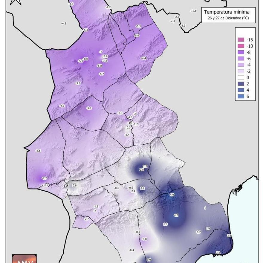 Mapa de temperaturas mínimas de los días 26 y 27 de diciembre de 2020.