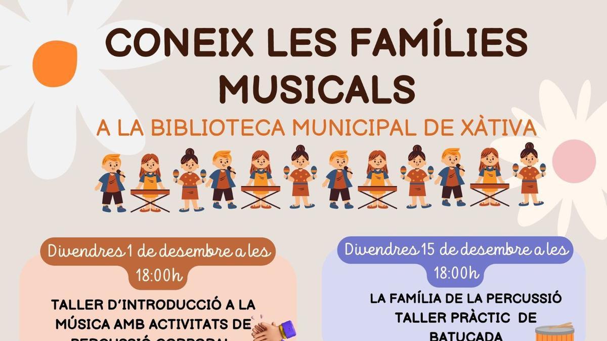 Cartel de los talleres musicales en el Biblioteca de Xàtiva.