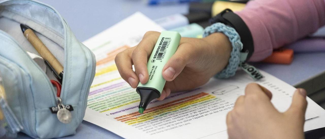 Una alumna de 5º de primaria repasa unos apuntes en clase.