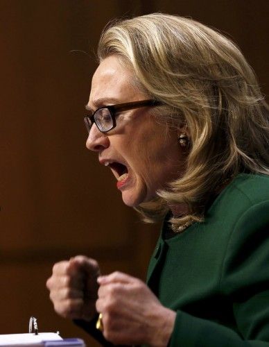 U.S. Secretary of State Clinton pounds her fists while testifying on the Benghazi attacks during Senate Foreign Relations Committee hearing in Washington