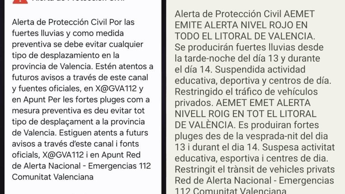 Primer y último mensaje enviados por EsAlert durante las dos danas en Valencia.